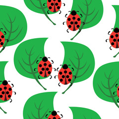 Ladybugs and green l seamless pattern, cute insects and plants on white background