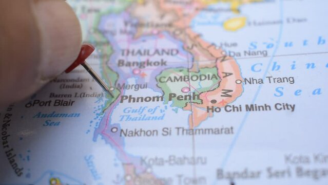 Travel Concept Push Pin Pointing on a Political Map Location of The Phenom Penh