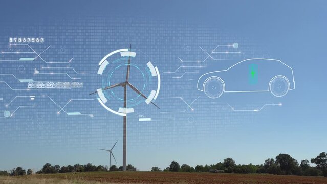 electric vehicle car in the hologram on a wind turbine with environment ecology sign hologram sustainable clean energy.