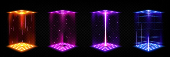 Futuristic portals, magic hologram teleport with square podium. Time travel booth, virtual reality projector with colorful light beams. Sky-fi HUD technology style GUI, UI 3d Vector illustration - obrazy, fototapety, plakaty