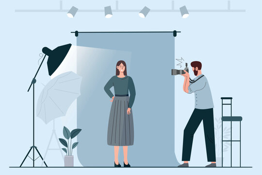 Photographer with model. Man with camera filming woman. Creative personality in workplace, paparazzi. Shooting for magazine or website. Studio with light equipment. Cartoon flat vector illustration