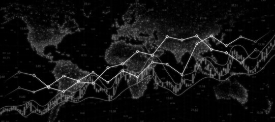 Stock market exchange or financial analysis. Bull market symbol. Business economic and investment on black background concept. Usable for banner, cover, and header.