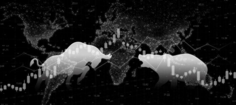 Stock market exchange or financial analysis. Bull and bear market symbol. Business economic and investment on black background concept. Usable for banner, cover, and header.