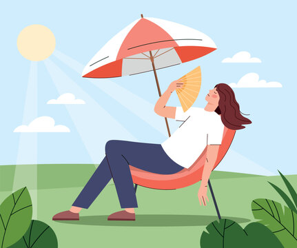 Summer heat concept. Woman with fan lies on hammock under umbrella. Summer season and sun protection. Holidays in tropical and exotic countries. Poster or banner. Cartoon flat vector illustration