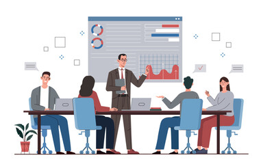 Obraz premium Team communication concept. Men and women with graphs and charts. Presentation and brainstorming, board of directors. Collaboration and cooperation metaphor. Cartoon flat vector illustration