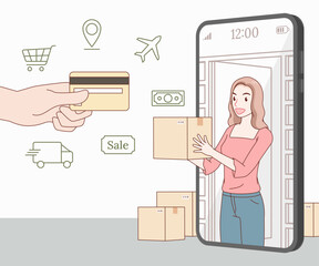 smiling long hair woman wearing t shirt she emerged from the smartphone handing over parcels box to customers. hand holding credit card with icons. online business. e-commerce.