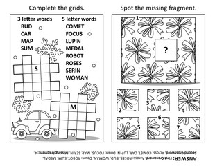 Activity page with two puzzles. Fill-in crossword puzzle or word game. Spot the missing fragment of the picture. Black and white. Answers included.
