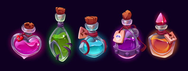 Cartoon set of magic potion bottles isolated on black background. Vector illustration of different shape glass jars with colorful substances. Witch poison, love elixir, spell ingredient. Game props © klyaksun