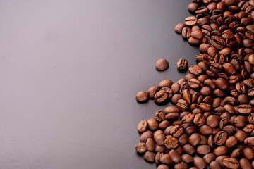 background of portion in organic coffee beans in the right corner with black background gradient to...
