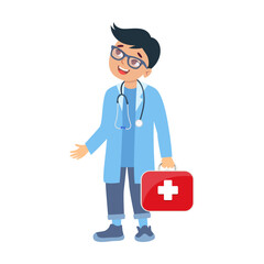 Children doctor with medical equipment. Vector illustration of choosing healthcare profession isolated on white