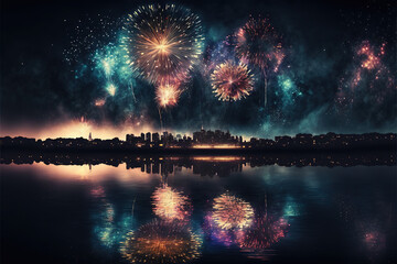 fireworks exploding over a city skyline with reflections in the water, digital render of an imaginary city with beautiful new year's eve or fourth of july festival fireworks, generative AI - obrazy, fototapety, plakaty
