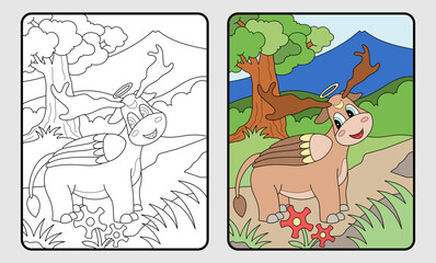 learn coloring for kids and elementary school. Winged deer. mountains, trees.