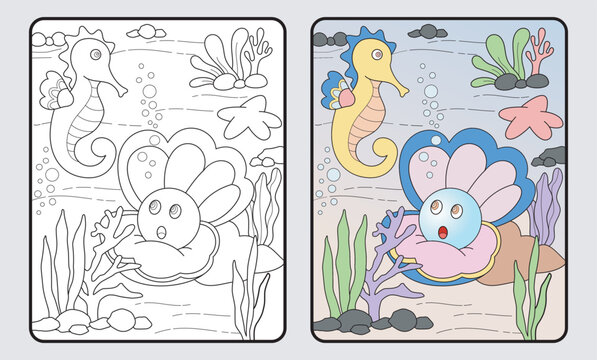 learn coloring for kids and elementary school. Shells, pearls, seahorses.