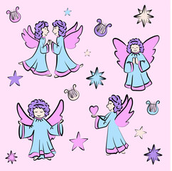 Angels are colorful, kind, beautiful. Set, vector illustration, sketch. For the design of postcards, packaging, congratulations. New Year's Day, Valentine's Day, Child's Birthday, Christmas
