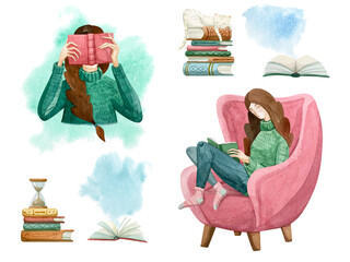 Watercolor set of a girl reading, a girl in a chair, an open book, a stack of books and blur.