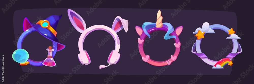 Poster game avatar templates with frames with witch hat, rabbit ears, unicorn horn and rainbow. empty circl