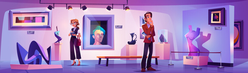 People visit museum with modern art exhibition. Gallery interior with contemporary artworks, paintings and sculptures. Visitors look at exhibits in museum, vector cartoon illustration