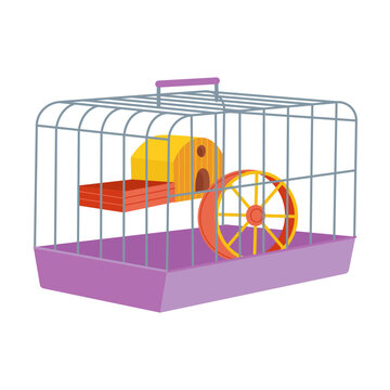 Hamster cage. Item for animal store. Vector illustration of accessories for pet, food for cats and dogs isolated on white. Pet shop