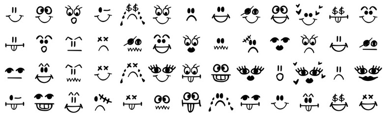 Comic funny faces, retro 30s cartoon mascot characters. Vintage smiley caricatures with happy and cheerful emotions illustration set. 50s, 60s old animation eyes and mouths elements.