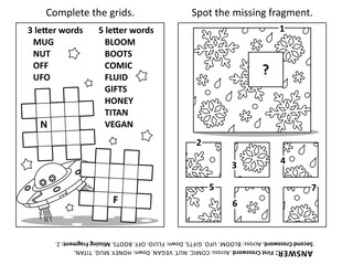 Activity page with two puzzles. Fill-in crossword puzzle or word game. Spot the missing fragment of the picture. Black and white. Answers included.
