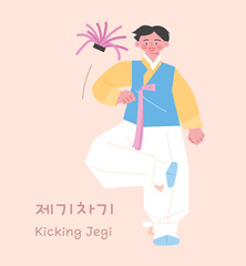 korean traditional play. A boy wearing a hanbok is playing jegi kick.