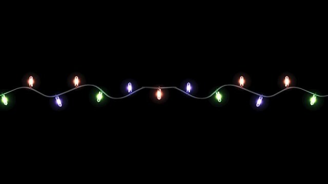 Isoleted christmas lights string on black background. Beautiful christmas lights flashing on dark background.