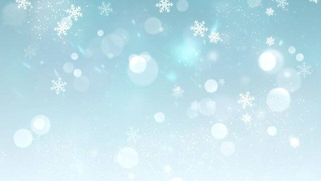 Snow falling on blue sky with Blue particles in the winter Christmas loop background merry christmas, Holiday, winter, New Year, snowflake, snow, festive, snow flakes.
