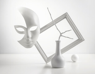 Monochrome still life: mask on a white background, picture frame, abstraction