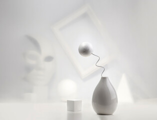 Monochrome still life: ball in a white vase, abstraction