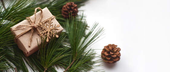 Eco christmas preparation. Christmas and zero waste. Eco friendly packaging gifts in kraft paper. Copy space