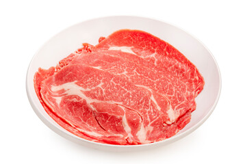 Red beef on whith dish, Slices Wagyu beef with marbled texture isolate on white background with clipping path.