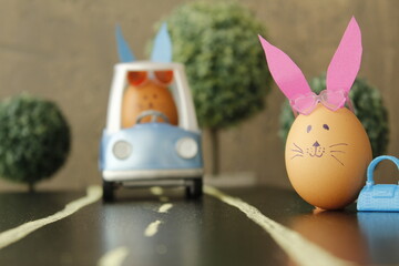 bunnies from eggs going to the easter festival. noise, sound. selective focus