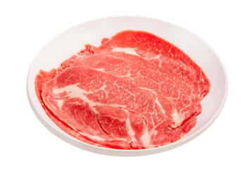 Red beef on whith dish, Slices Wagyu beef with marbled texture isolate on white background  PNG File..