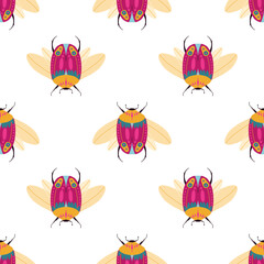Vector seamless repeating pattern with hand drawn bugs or beetles. Funny insects.