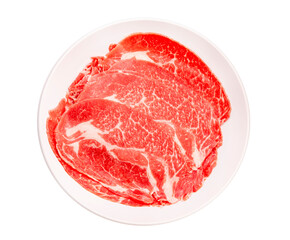 Red beef on whith dish, Slices Wagyu beef with marbled texture isolate on white background  PNG File..