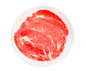 Red beef on whith dish, Slices Wagyu beef with marbled texture isolate on white background  PNG File..