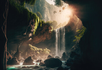Obraz premium Generative AI. Waterfall in the jungle No.09