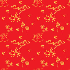 Chinese pattern with gold line art characters, simple hand-drawn Asian elements on red background