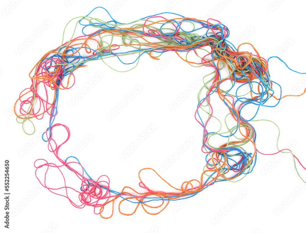 Wall mural circle of tangled colorful cotton threads isolated on white background. abstract thread lines chaos 