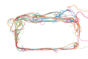 Frame of tangled colorful cotton threads isolated on white background. Abstract thread lines chaos...