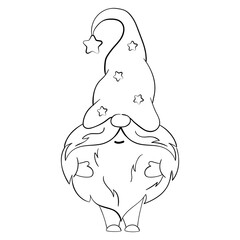 Cartoon Christmas gnome for coloring books. Linear design for children's coloring books