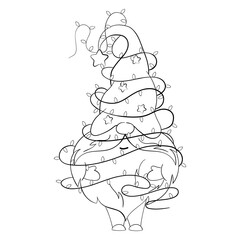 Cartoon Christmas gnome with Christmas garlands for coloring book. Linear design for children's coloring pages