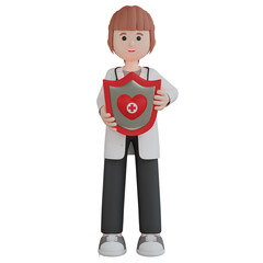 3D Rendering Cartoon Character Woman Doctor Hold Heart Healthcare Sign. Health Insurance. PNG Transparent Background.