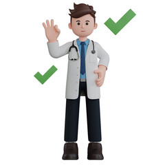 3D Rendering Cartoon Character Man Doctor Raise Hand Ok with Check Mark Sign. PNG Transparent Background.