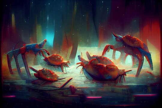 painting of a group of crabs in the water fighting.