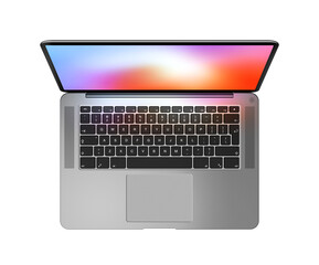Open laptop top view with colorful screen, isolated on transparent background. Dark silver. 3D render