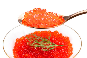 Salmon roe in golden spoon on white background, Texture of Salmon roe or Ikura in golden spoon PNG File.