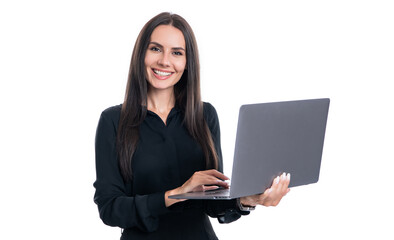 Young smiling freelancer woman using laptop computer for remote work online