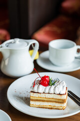  cake on table with tea, dessert, relax time