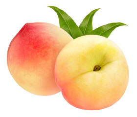 Pink Peach fruit with leaf  on white background, Fresh White Peach on White Background PNG File.